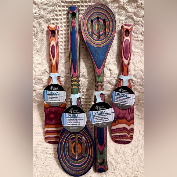 New Island Bamboo 2 Spurtles & 2 Rainbow 12" Slotted Spoons Pakka - Picture 2 of 6